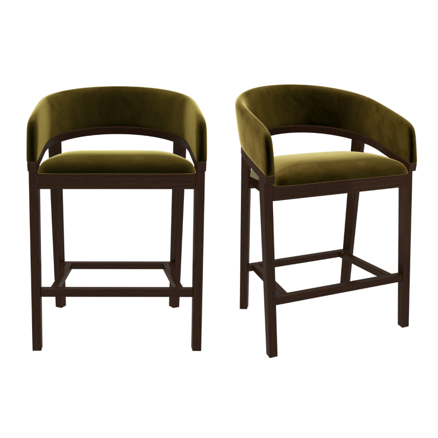Set of 2 Walnut & Olive Green Velvet Curved Kitchen Stools with Backs - Owen