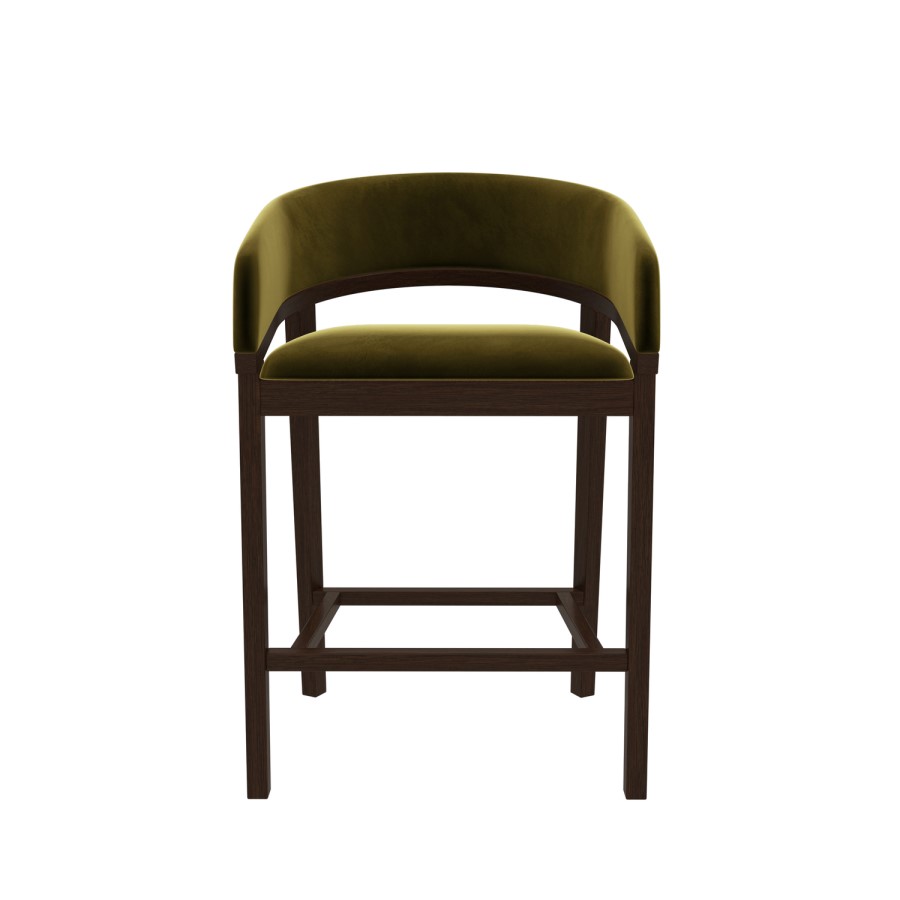 Set of 2 Walnut & Olive Green Velvet Curved Kitchen Stools with Backs - Owen