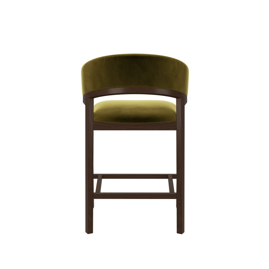 Set of 2 Walnut & Olive Green Velvet Curved Kitchen Stools with Backs - Owen
