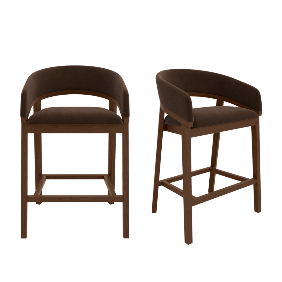 Set of 2 Walnut & Chocolate Brown Velvet Curved Kitchen Stools with Back - Owen