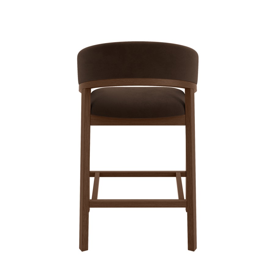 Set of 2 Walnut & Chocolate Brown Velvet Curved Kitchen Stools with Back - Owen
