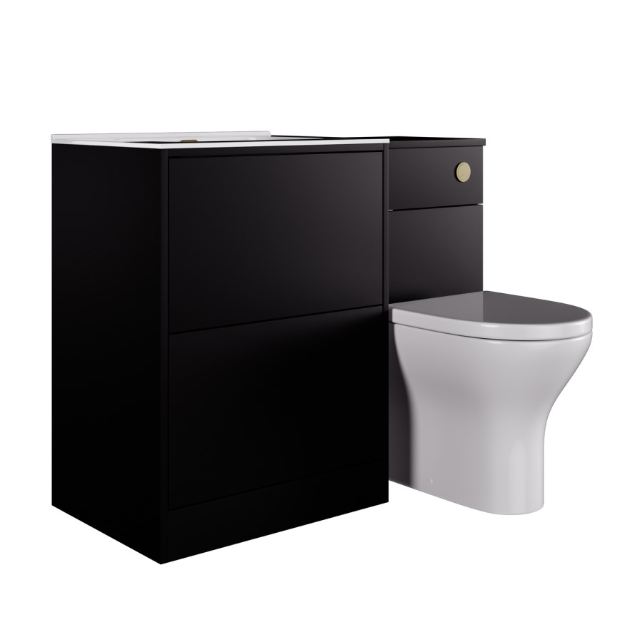 1100mm Black Toilet and Sink Unit with Round Toilet and Brushed Brass Push Button - Palma