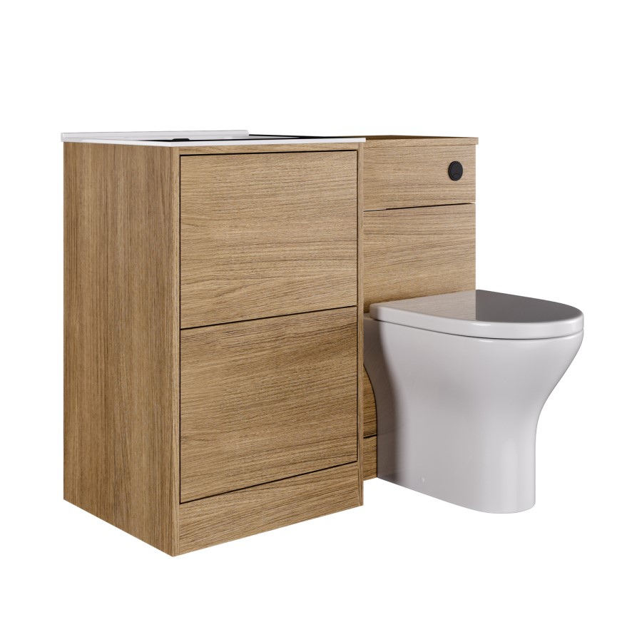 1000mm Oak Wood Effect Toilet and Sink Unit with Round Toilet and Matt Black Push Button - Palma