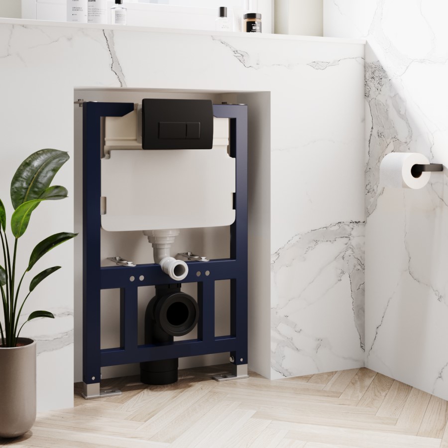 Wall Hung Rimless Toilet with Soft Close Seat, Black Pneumatic Flush Plate, 820mm Frame & Cistern – Roma