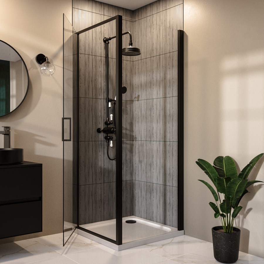 800x700mm Black 8mm Glass Rectangular Hinged Shower Enclosure - Pavo