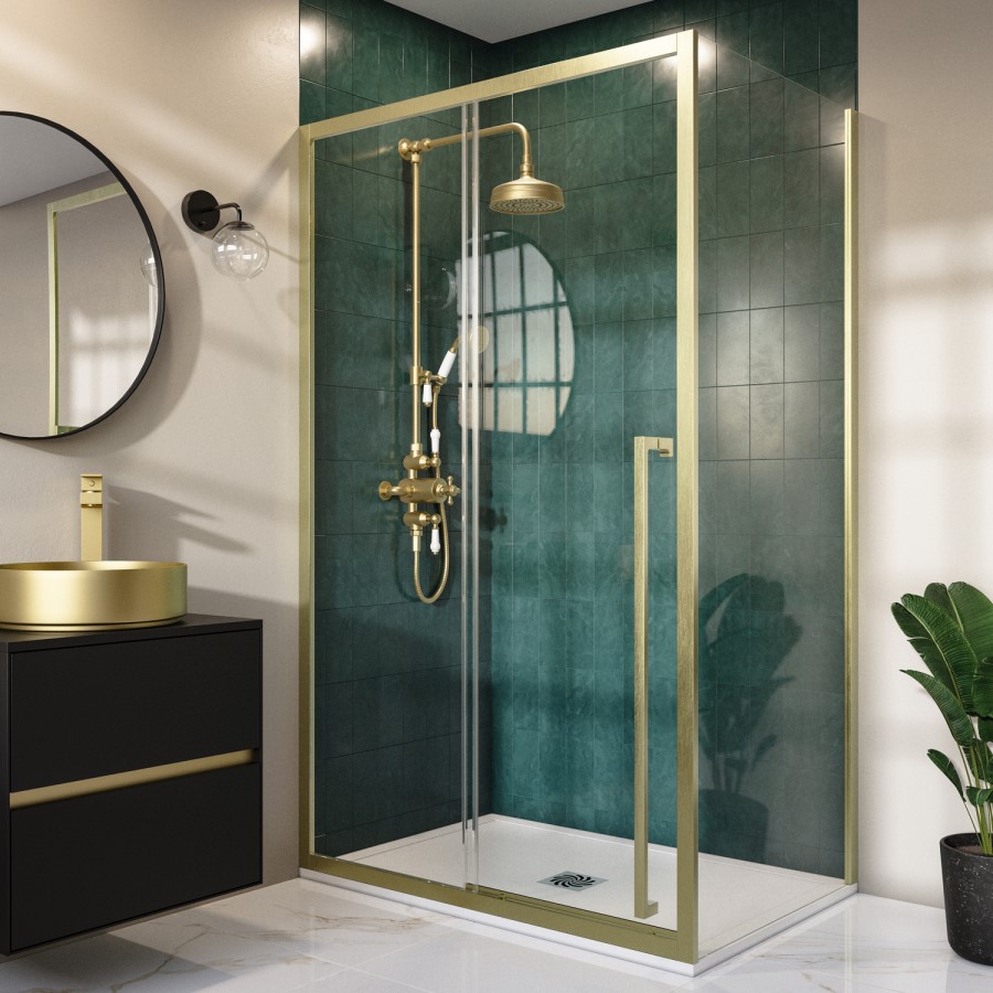 ALMOST PERFECT - 1200x800mm Brushed Brass 8mm Glass Sliding Shower Enclosure with Extended Handle - Pavo