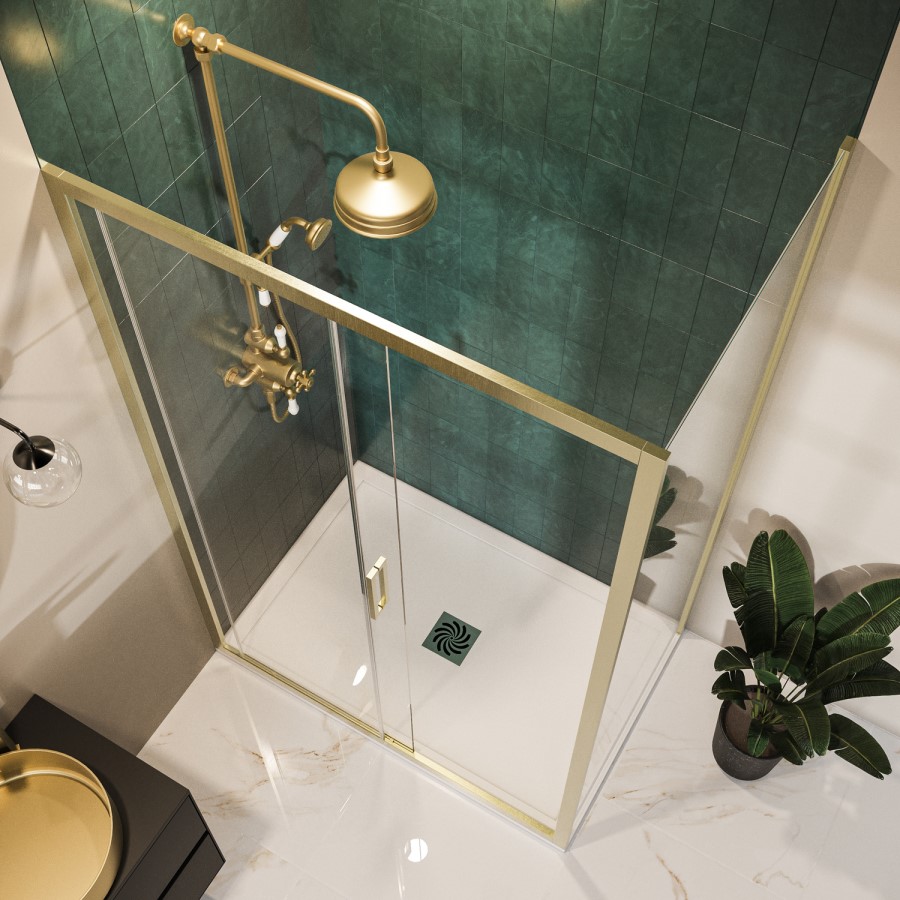1200x900mm Brushed Brass 8mm Glass Rectangular Sliding Shower Enclosure with Low Profile Shower Tray - Pavo