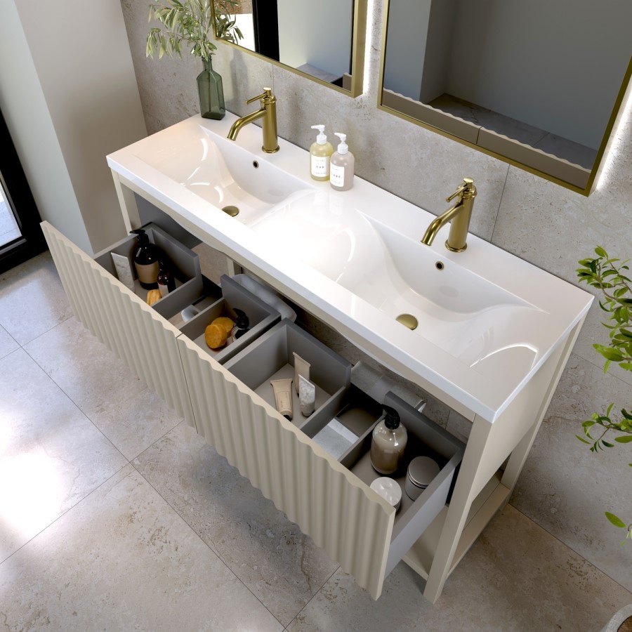 1200mm Beige Fluted Freestanding Double Vanity Unit with Basin - Perla