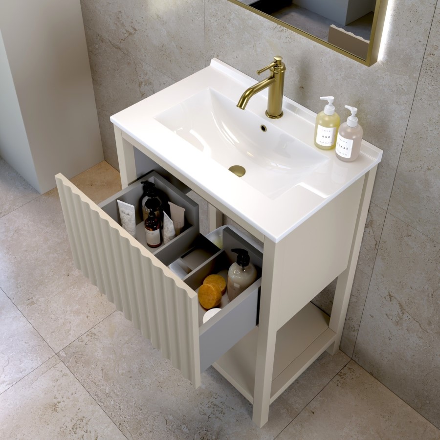600mm Beige Fluted Freestanding Vanity Unit with Basin - Perla