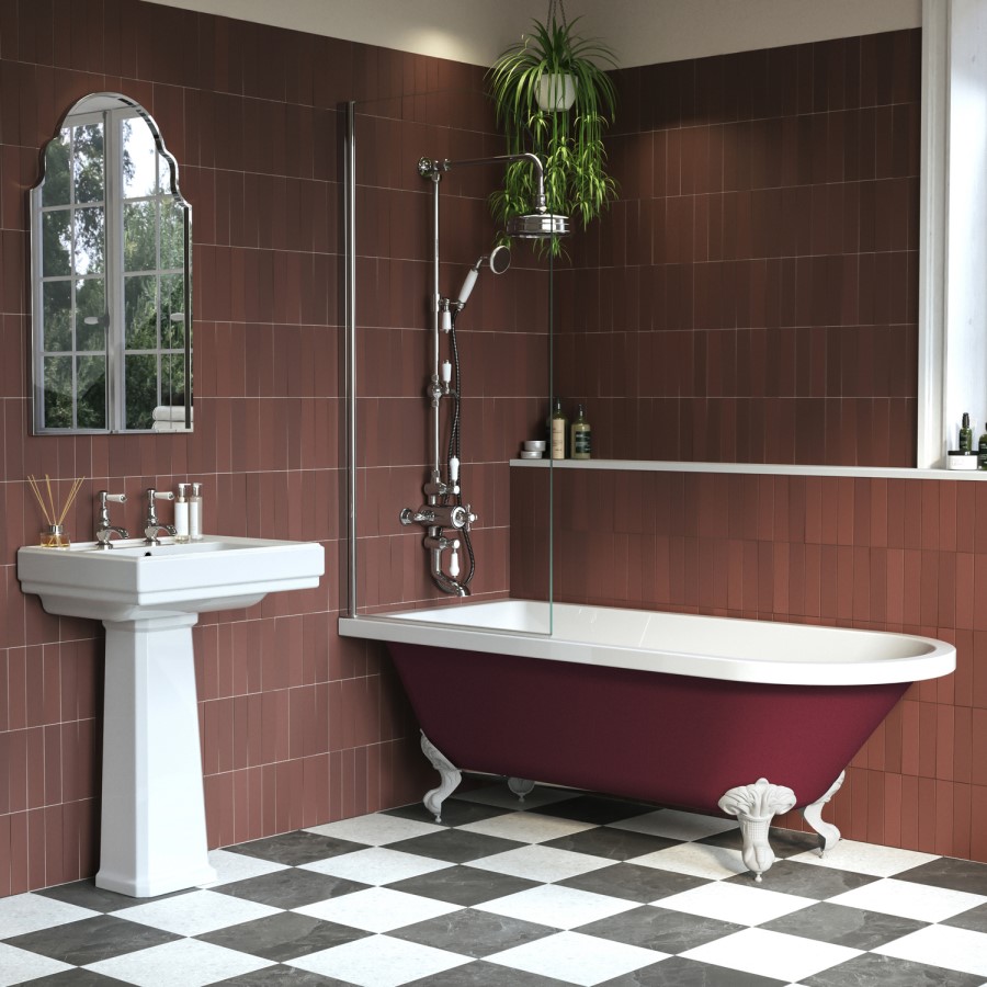 Burgundy Freestanding Single Ended Shower Bath with Chrome Screen & White Feet 1670 x 740mm - Park Royal