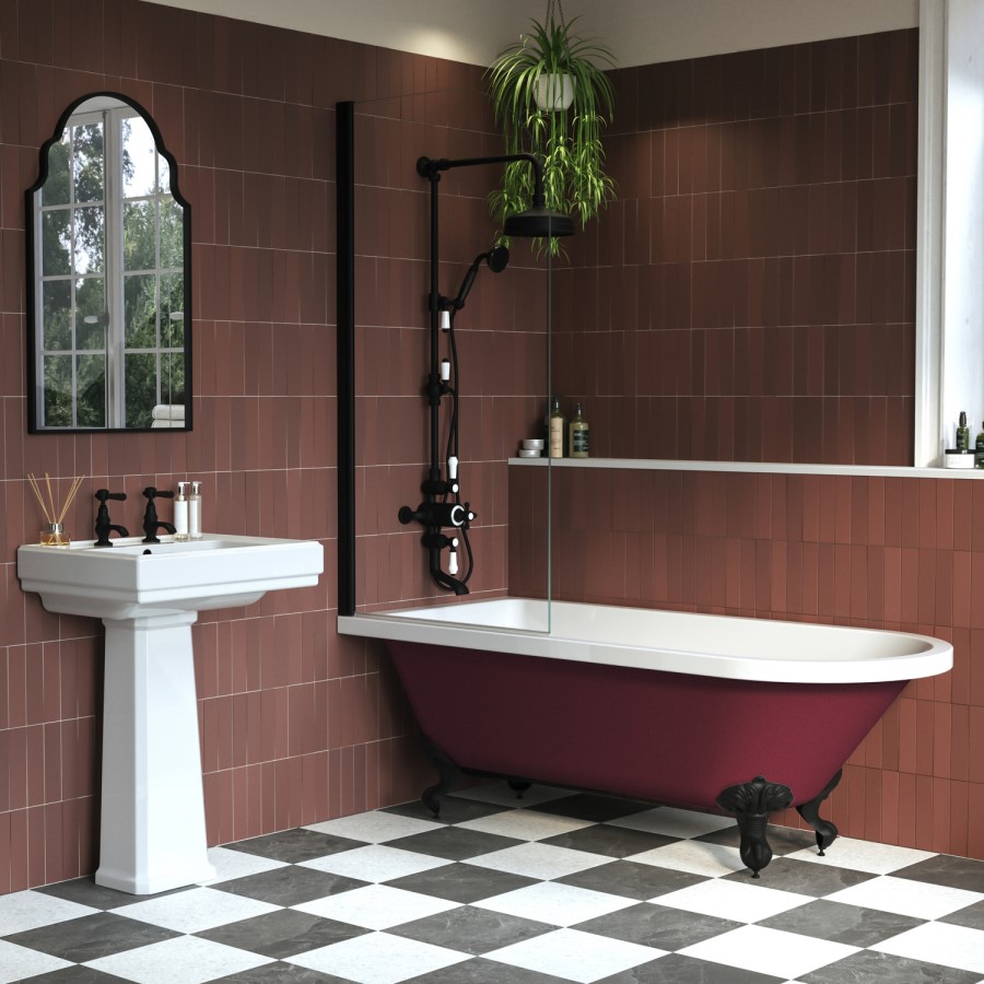 Burgundy Freestanding Single Ended Shower Bath with Black Screen & Feet 1670 x 740mm - Park Royal