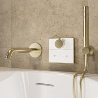 Brushed Brass 2 Outlet Wall Mounted Thermostatic Push Button Bath Mixer Shower Set With Hand Shower & Bath Filler Spout - Priya