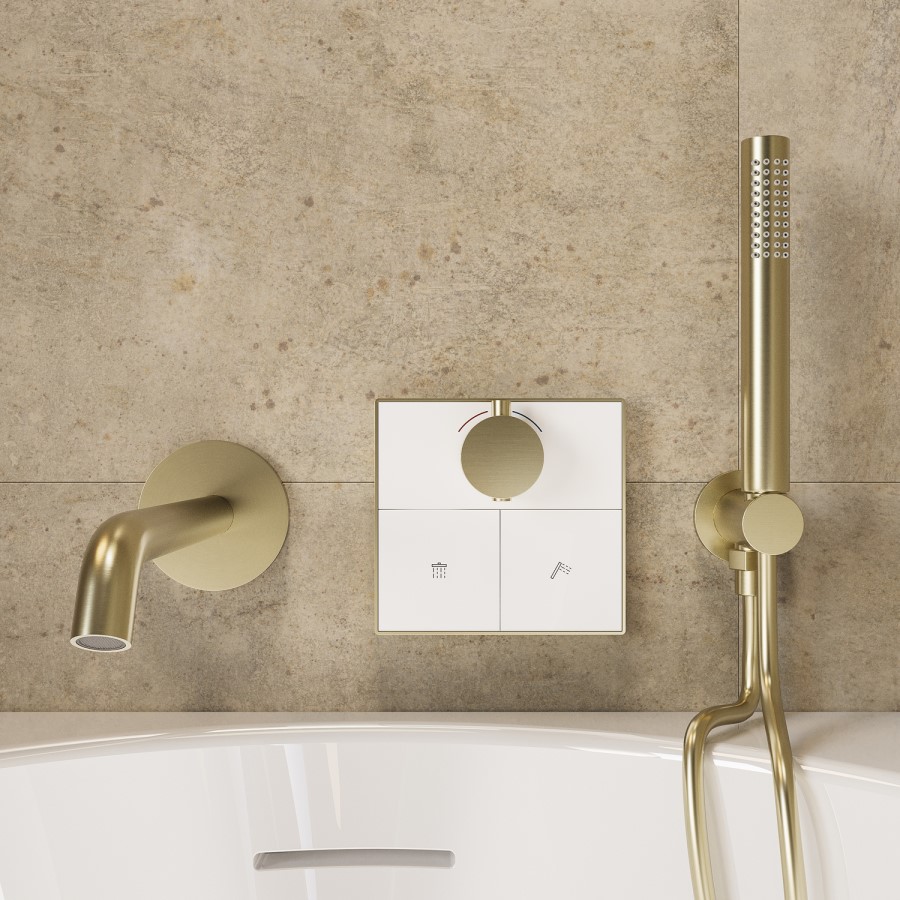 Brushed Brass 2 Outlet Wall Mounted Thermostatic Push Button Bath Mixer Shower Set With Hand Shower & Bath Filler Spout - Priya