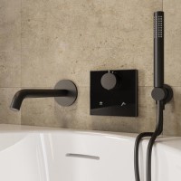 Black 2 Outlet Wall Mounted Thermostatic Bath Mixer Shower Set With Hand Shower & Bath Filler Spout - Priya