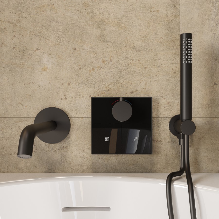 Black 2 Outlet Wall Mounted Thermostatic Bath Mixer Shower Set With Hand Shower & Bath Filler Spout - Priya