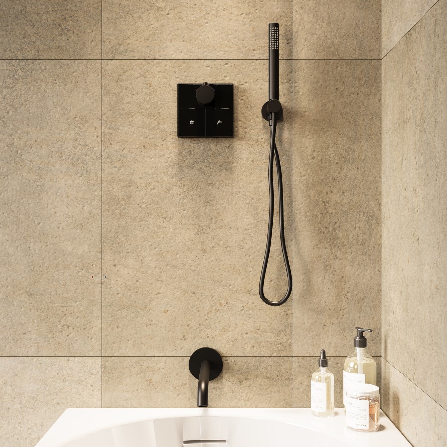 Black 2 Outlet Wall Mounted Thermostatic Bath Mixer Shower Set With Hand Shower & Bath Filler Spout - Priya