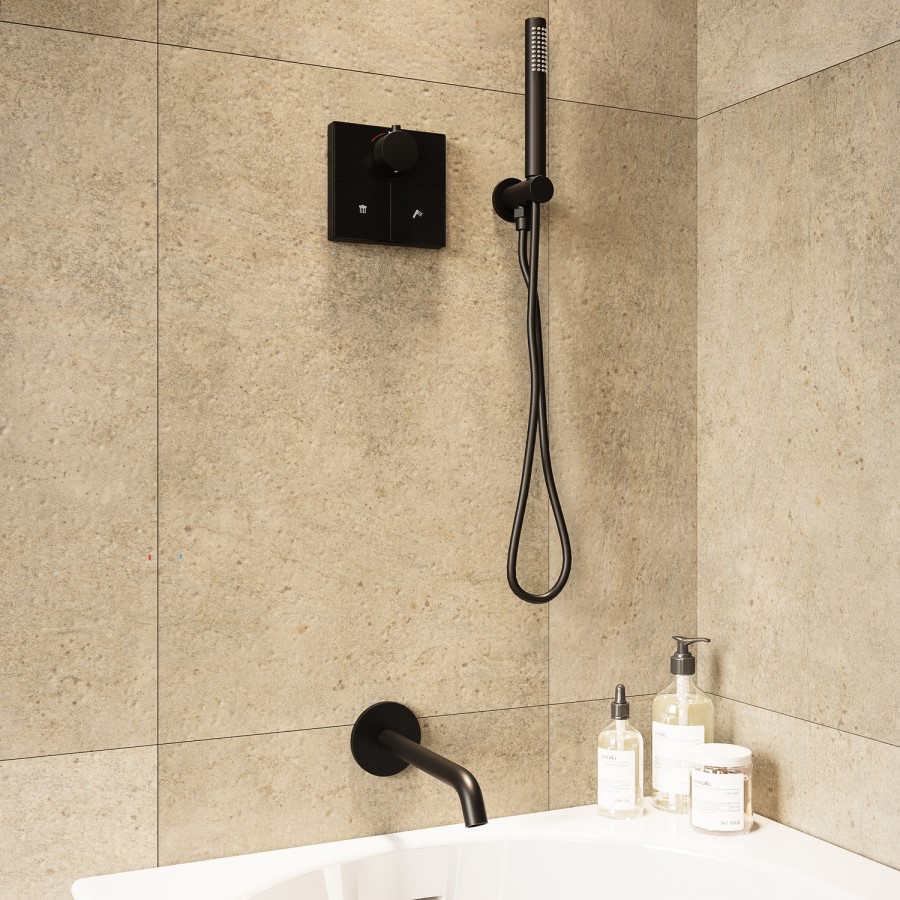 Black 2 Outlet Wall Mounted Thermostatic Bath Mixer Shower Set With Hand Shower & Bath Filler Spout - Priya