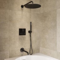 Black 3 Outlet Thermostatic Push Button Mixer Shower Set With Bath Filler Spout & Hand Shower - Priya