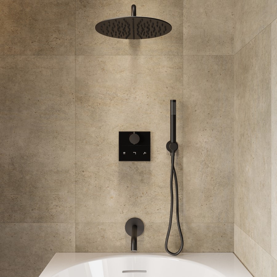 Black 3 Outlet Thermostatic Push Button Mixer Shower Set With Bath Filler Spout & Hand Shower - Priya