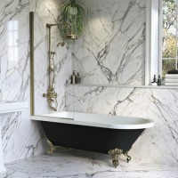 Black Freestanding Single Ended Shower Bath with Brushed Brass Screen & Feet 1670 x 740 mm - Park Royal