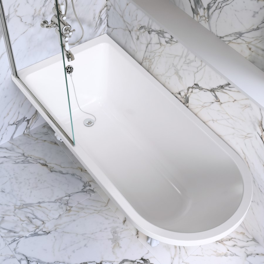 Black Freestanding Single Ended Shower Bath with Chrome Screen & White Feet 1670 x 740 mm - Park Royal