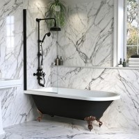 Black Freestanding Single Ended Shower Bath with Bronze Feet & Black Bath Screen 1670 x 740mm - Park Royal