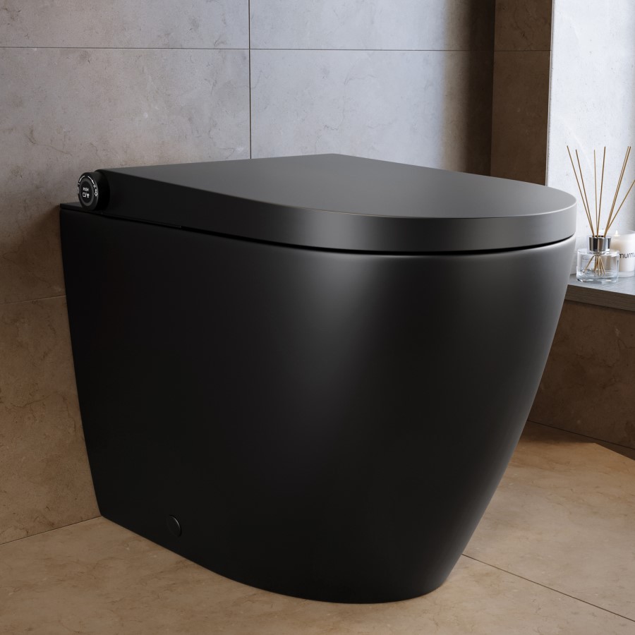 Matt Black Back To Wall Smart Bidet Japanese Toilet With Black Glass Cabinet, Frame, Cistern & Pneumatic Dual Flush Button - Purificare