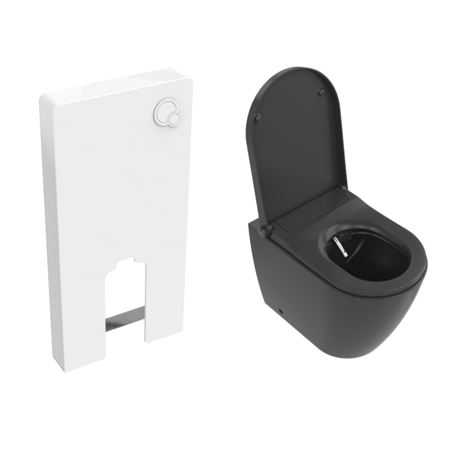 Matt Black Back To Wall Smart Bidet Japanese Toilet With White Glass Cabinet, Frame, Cistern & Pneumatic Dual Flush Button - Purificare