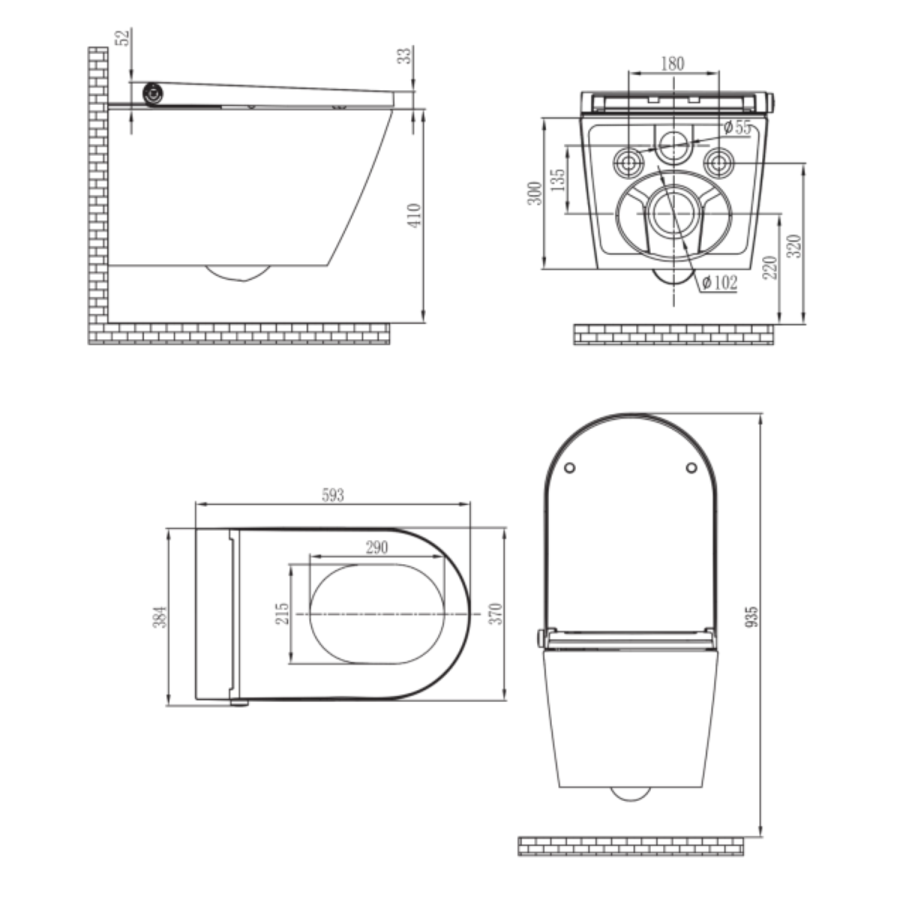 Matt Black Wall Hung Smart Bidet Japanese Toilet With White Glass Cabinet, Frame, Cistern & Pneumatic Dual Flush Button - Purificare