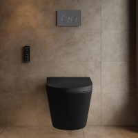 Matt Black Wall Hung Smart Bidet Japanese Toilet & 1160mm Frame Cistern and Chrome Mechanical Flush Plate - Purificare