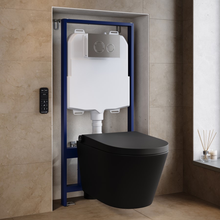 Matt Black Wall Hung Smart Bidet Japanese Toilet & 1160mm Frame Cistern and Chrome Mechanical Flush Plate - Purificare