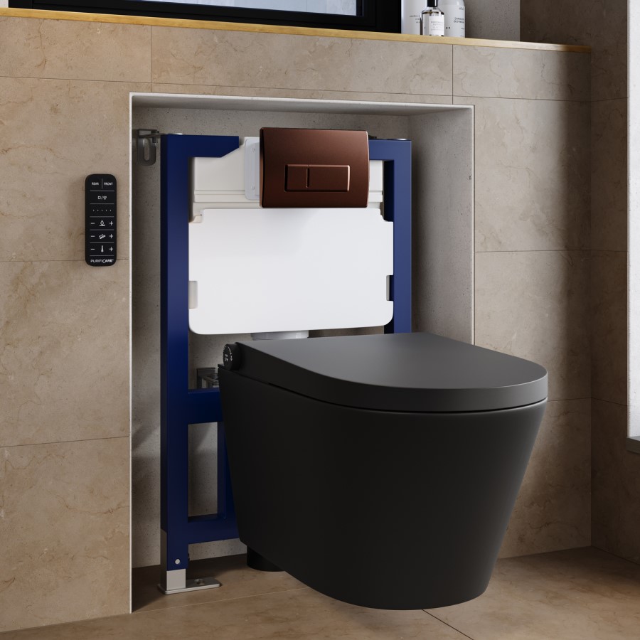 Matt Black Wall Hung Smart Bidet Japanese Toilet & 820mm Frame Cistern with Brushed Bronze Pneumatic Flush Plate - Purificare