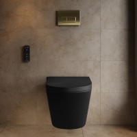 Matt Black Wall Hung Smart Bidet Japanese Toilet & 1160mm Frame Cistern with Brushed Brass Pneumatic Flush Plate - Purificare