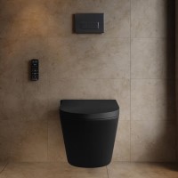 Matt Black Wall Hung Smart Bidet Japanese Toilet & 1160mm Frame Cistern with Gunmetal Grey Pneumatic Flush Plate - Purificare