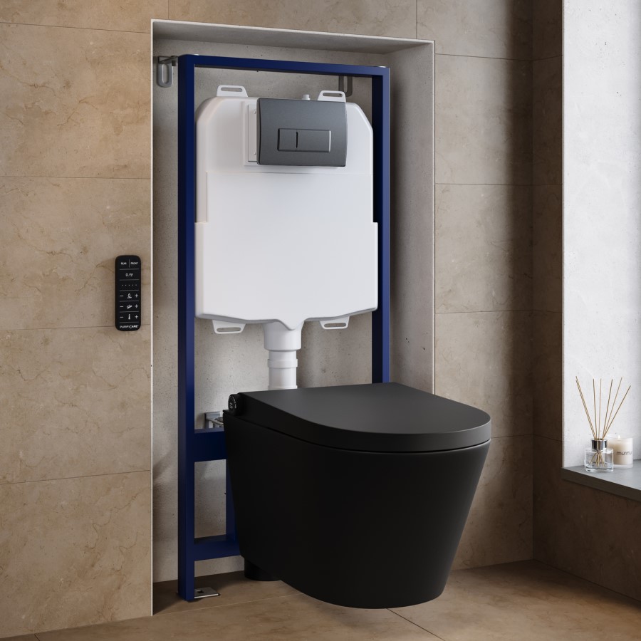 Matt Black Wall Hung Smart Bidet Japanese Toilet & 1160mm Frame Cistern with Gunmetal Grey Pneumatic Flush Plate - Purificare