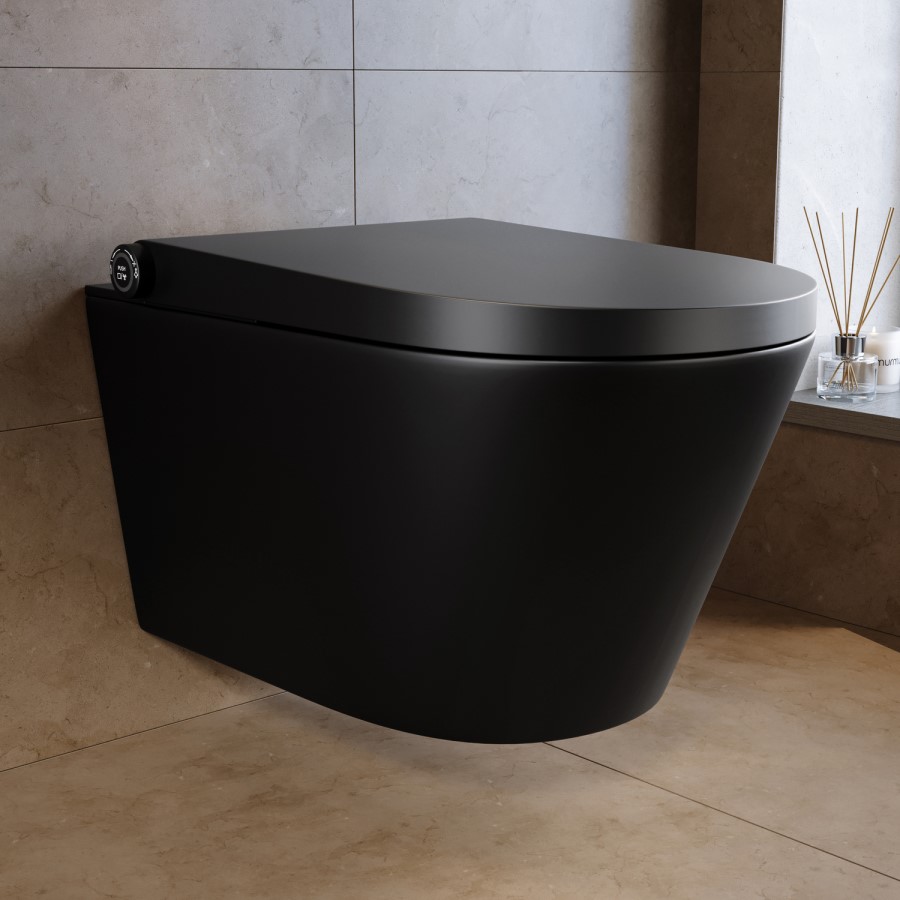 Matt Black Wall Hung Smart Bidet Japanese Toilet & 1160mm Frame Cistern with White Glass Sensor Pneumatic Flush Plate - Purificare