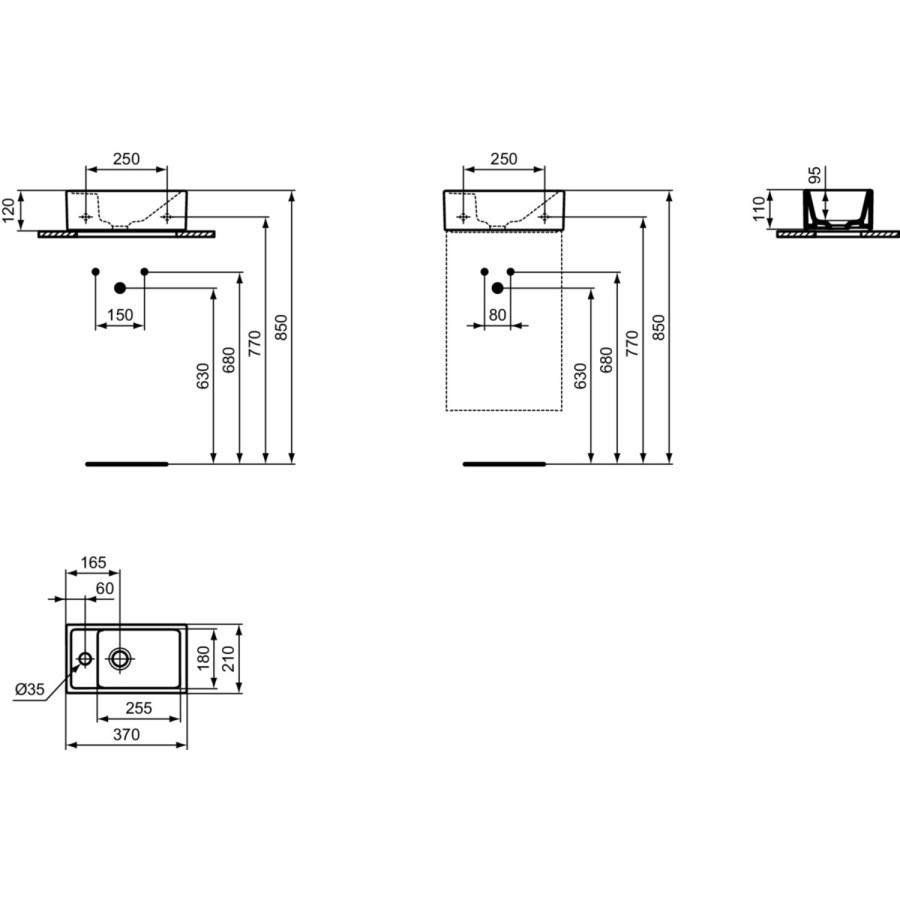 350mm Ideal Standard Eurovit+ White Left-Hand Wall Hung Vanity Unit with Basin
