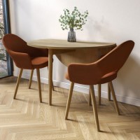Small Oak Drop Leaf Dining Table Set with 2 Burnt Orange Upholstered Chairs - Seats 2 - Rudy