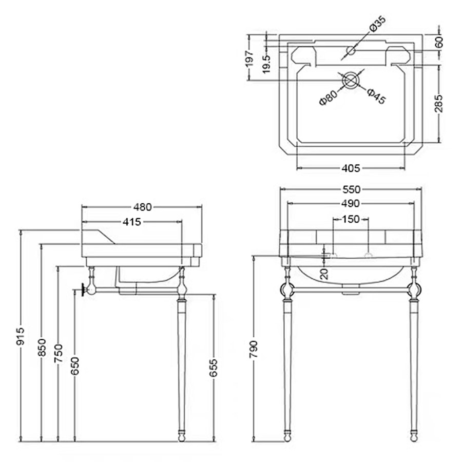 570mm Traditional 1 Tap Hole Basin with Black Wash Stand - Ripley