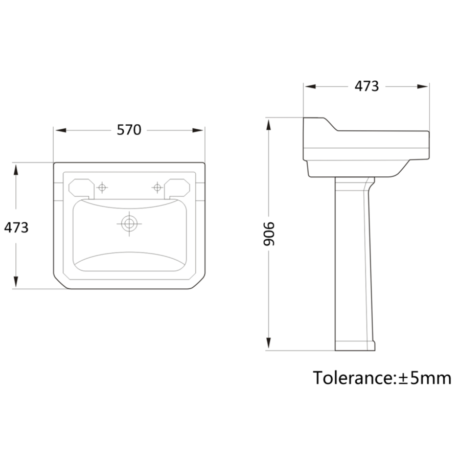 570mm Traditional Full Pedestal Basin with 2 Tap Holes - Ripley