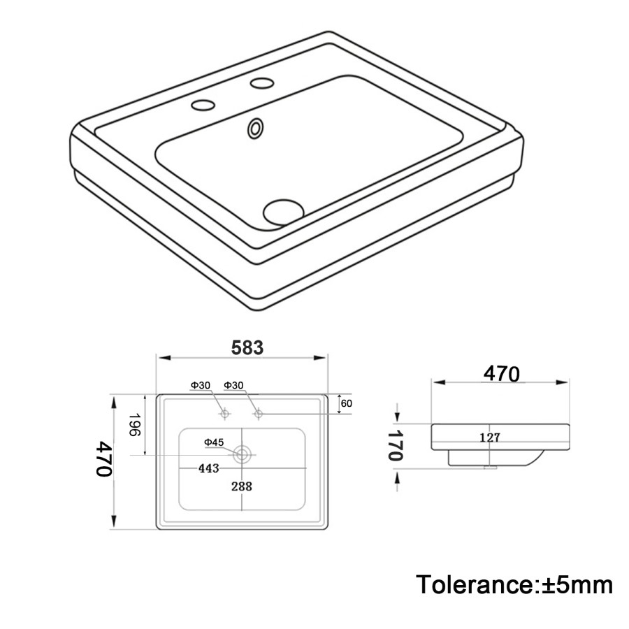 583mm Traditional Full Pedestal Basin with 2 Tap Holes - Park Royal