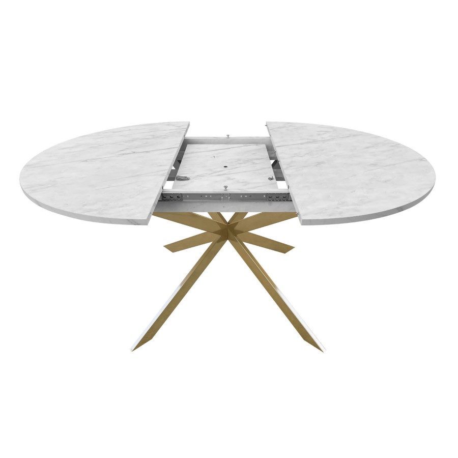 Round to Oval White Marble Effect Extendable Dining Table Set with 4 Mink Velvet Chairs - Seats 4 - Reine