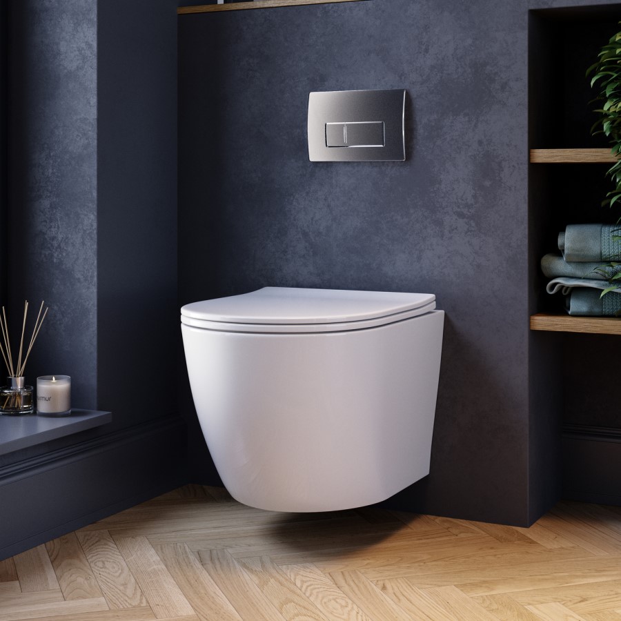 Wall Hung Rimless Toilet with Soft Close Seat, Chrome Pneumatic Flush Plate, 820mm Frame & Cistern – Roma