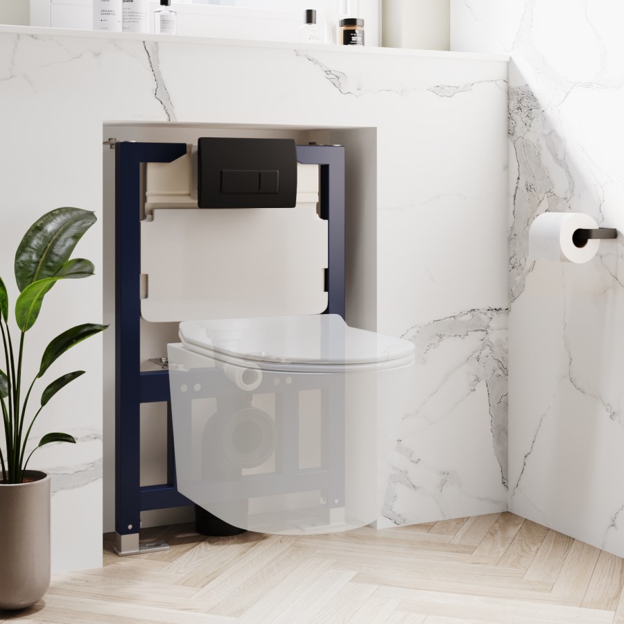 Wall Hung Rimless Toilet with Soft Close Seat, Black Pneumatic Flush Plate, 820mm Frame & Cistern – Roma