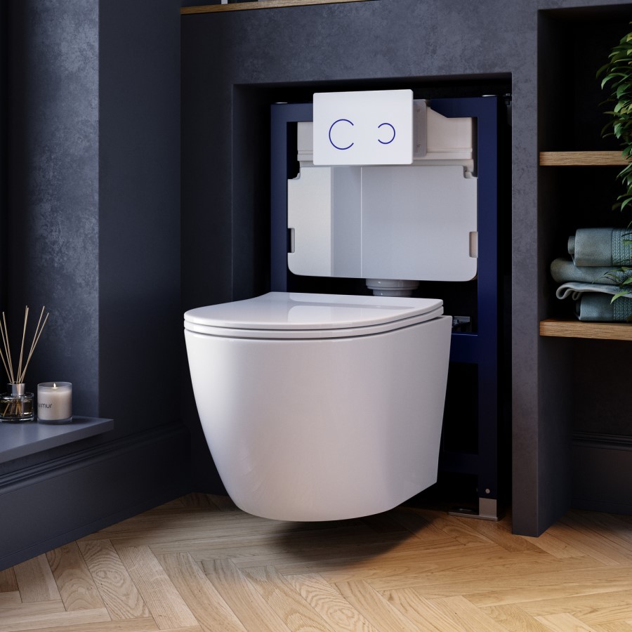 Wall Hung Rimless Toilet with Soft Close Seat, White Glass Sensor Flush Plate, 820mm Frame & Cistern – Roma