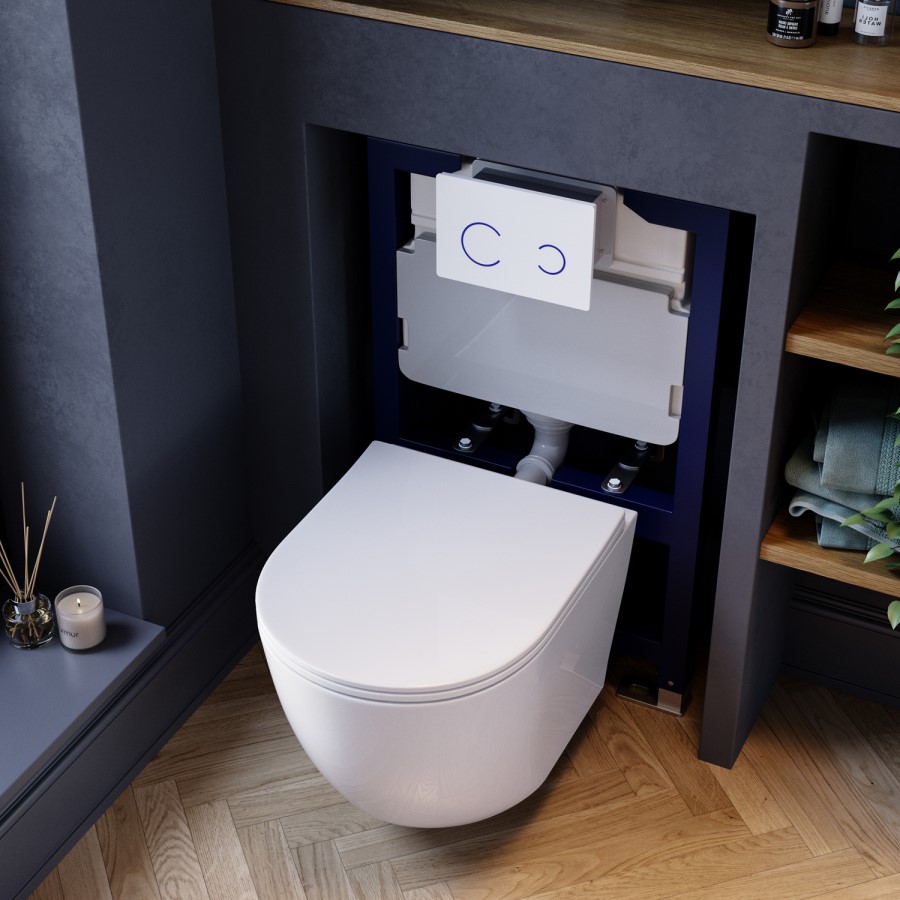 Wall Hung Rimless Toilet with Soft Close Seat, White Glass Sensor Flush Plate, 820mm Frame & Cistern – Roma