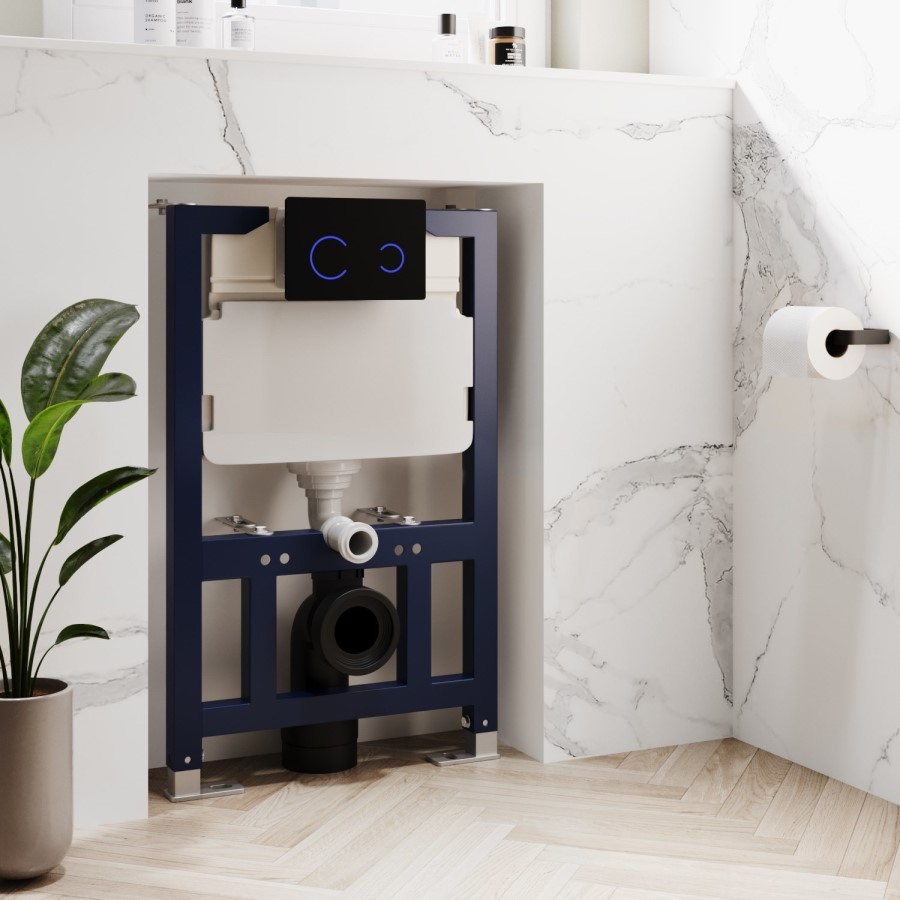 Wall Hung Rimless Toilet with Soft Close Seat, Black Glass Sensor Flush Plate, 820mm Frame & Cistern – Roma
