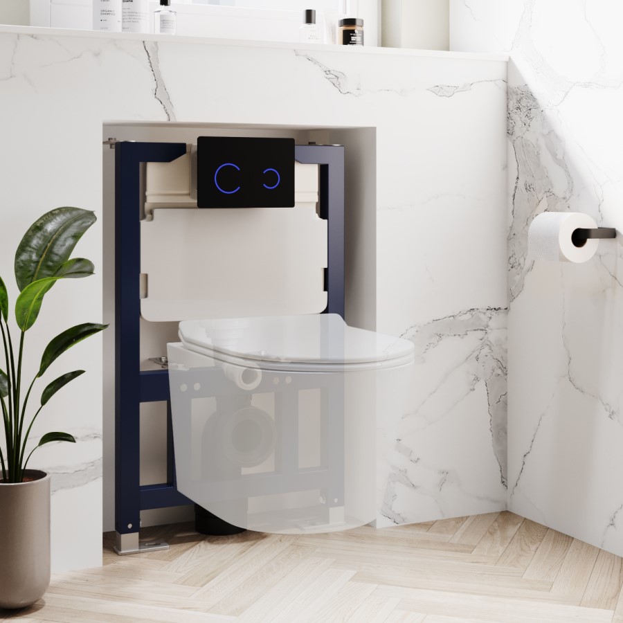Wall Hung Rimless Toilet with Soft Close Seat, Black Glass Sensor Flush Plate, 820mm Frame & Cistern – Roma