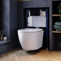 Wall Hung Rimless Toilet with Soft Close Seat, Black Glass Sensor Flush Plate, 820mm Frame & Cistern – Roma