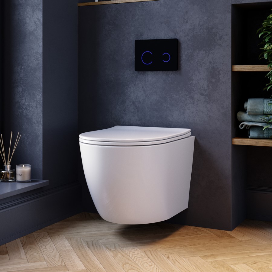 Wall Hung Rimless Toilet with Soft Close Seat, Black Glass Sensor Flush Plate, 820mm Frame & Cistern – Roma